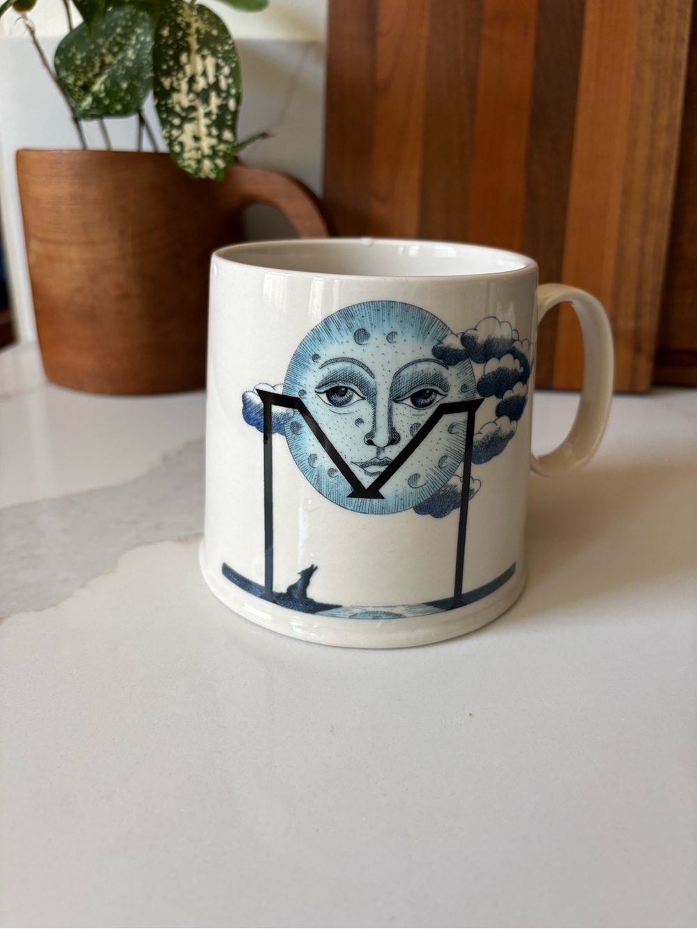 Anthropologie Florence Balducci Monogram "M" Coffee Mug Wolf Howling at Moon EUC
